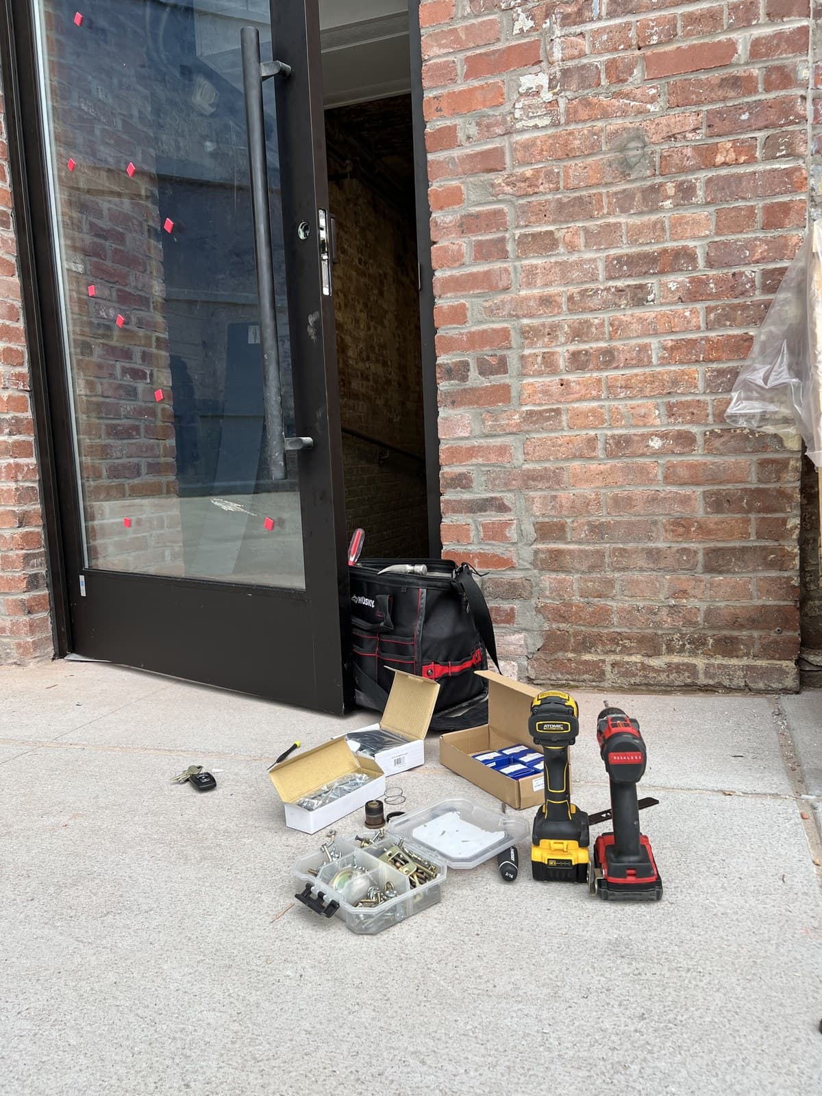 Storefront entry, hardware laid out